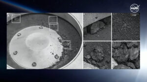 Celkový pohled na odběrnou hlavu sondy OSIRIS-REx se čtyřmi detailními výřezy.