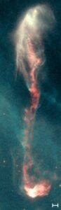 Takto viděl Hubbleův dalekohled Herbigův Harův objekt číslo 47. Měřítko vpravo dole ukazuje 1 000 astronomických jednotek (AU). 