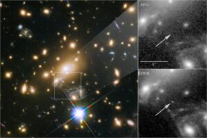 MACS J1149 Lensed Star 1 (Ikarus) na snímku Hubbleova teleskopu.