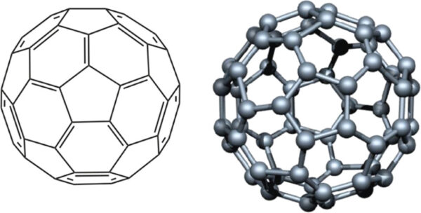 Fulleren C60. S takovými (i většími) molekulami už dnes umíme provádět dvouštěrbinový experiment. 