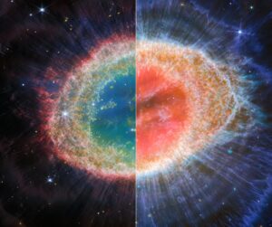 Zde srovnání obou pohledů na prstencovou mlhovinu M57. Vlevo to, jak ji vidí NIRCam, vpravo MIRI.