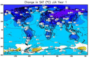 Mapa ukazuje změny změny povrchové teploty (ve stupních Celsia) pro léto následující po globálním jaderném konfliktu. Většinou jde tedy o prudký pokles, jediné oteplení je nad Antarktidou, avšak není statisticky významné, neboť jde vysvětlit jako součást běžné meziroční variability počasí. 