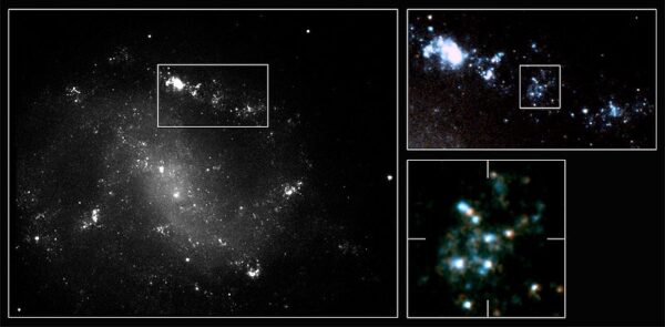 Spirální galaxie s příčkou ESO 184-82, domovská galaxie gama záblesku GRB 980425. Ve výřezech vpravo pak bližší pohled na oblast původu záblesku. 