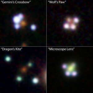 Čtyři zvláště pěkné gravitační čočky vzdálených kvasarů, které díky svému vzhledu získaly dokonce i přezdívky.