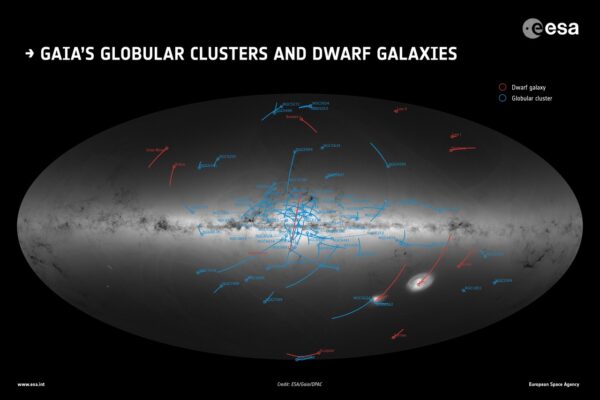 Mapa pozic a pohybů kulových hvězdokup a satelitních trpasličích galaxií. 
