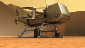 Vizualizace vrtulníku Dragonfly na povrchu měsíce Titan
