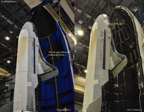Porovnání raketoplánu X-37B při misi OTV-6 v roce 2020 a aktuální mise OTV-7