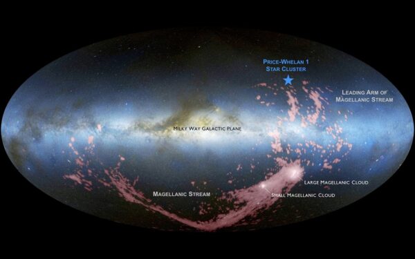 Mapa ukazující pozici hvězdokupy Price-Whelan 1, Magellanových oblaků a Magellanova proudu. 