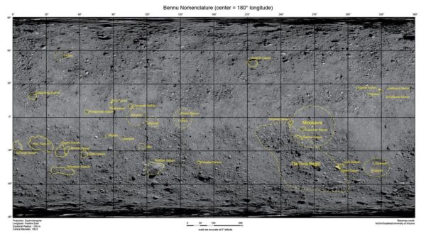 Nově pojmenované útvary na povrchu planetky Bennu