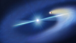 Umělecká představa systému pulsaru a hvězdy hlavní posloupnosti. 