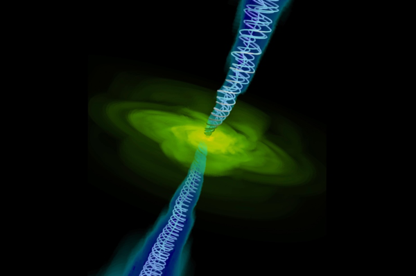 Numerická simulace relativistického výtrysku. Spirálovitá struktura magnetických silokřivek je zde dobře vidět. 