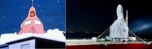 Ládíkova nafukovací raketa Gulliver-5 vlevo a vpravo Gravity-1 v „kabátku“. Foto: vlevo - comic.highlightzone.de/vpravo - Oriens Space /úprava - Karel Zvoník