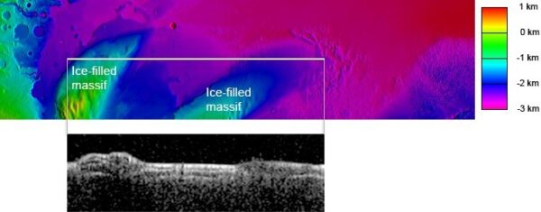 Radarový (černobílý) snímek z Mars Express ukazuje vrstvy suchého materiálu a zřejmě ledu pod povrchem lokality MFF.