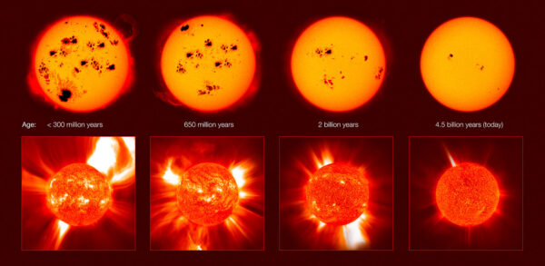 Simulace toho, jak mohlo vypadat Slunce v době, kdy mělo 350, 650, 2 000 a 4 500 milionů let. 