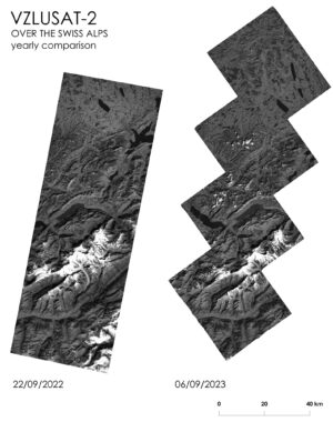 Sekvence snímků alpských ledovců ze září 2022 a následně o rok později vyfocená českou družicí VZLUSAT-2.