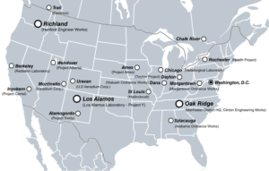 Mapa, která ukazuje nejdůležitější místa projektu Manhattan.