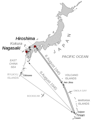Trasa letu bombardérů na Hirošimu a Nagasaki (původně Kókuru).