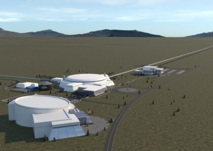 Vizualizace budoucího amerického velkého gravitačního detektoru Cosmic Explorer.