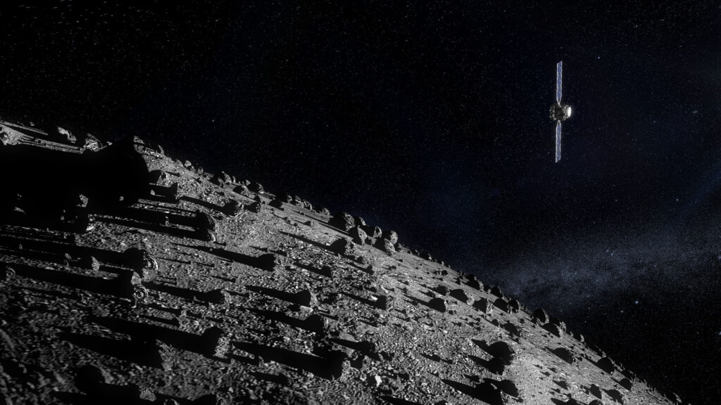 Umělecká představa planetky Dimorphos při návštěvě sondy Hera.