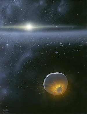 Umělecká představa srážky dvou objektů Kuiperova pásu. Takové srážky jsou hlavním zdrojem prachu v tomto pásu. Další skupinou jsou částice vyvržené z objektů Kuiperova pásu, které jsou bombardovány mikroskopickými prachovými impaktory z oblastí mimo sluneční soustavu.