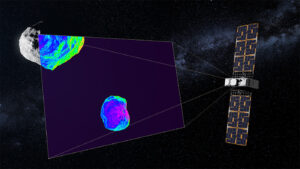 Umělecká představa - CubeSat Milani snímkuje dvojplanetku Didymos.
