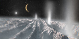 Umělecká představa výtrysků z povrchu Enceladu.
