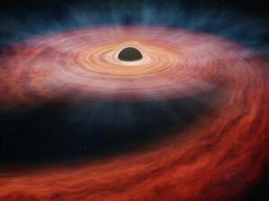 Umělecká představa okolí černé díry i s akrečním diskem. 