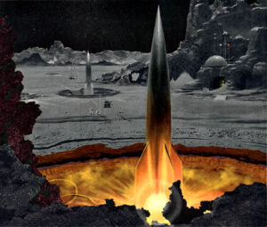 Úvodní kresba k článku Rocket Blitz From the Moon od Roberta Richardsona
