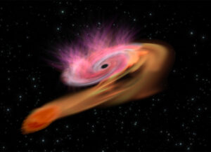 Umělecká představa černé díry v jádru galaxie PGC 43234, která požírá hvězdu ASASSN-14li.