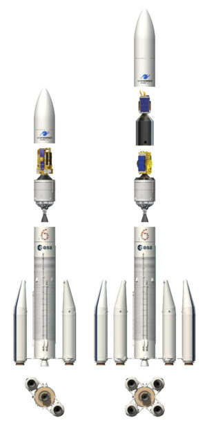 Ariane 62 (vlevo) a Ariane 64 (vpravo) - dvě verze rakety Ariane 6 se liší počtem pomocných urychlovacích stupňů.