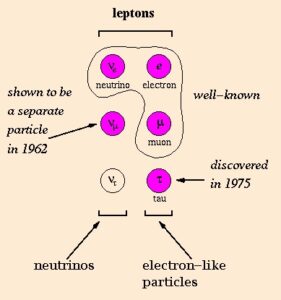 Jednotlivé typy leptonů. Ve výčtu pochopitelně chybí antičástice ke každé příslušné částici. 