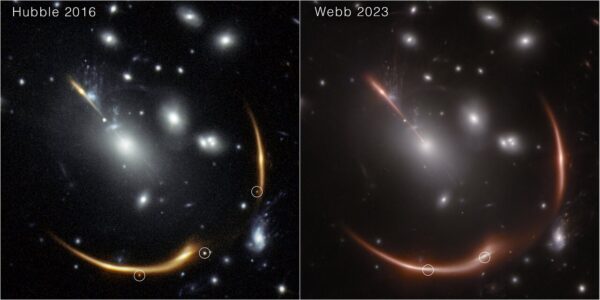 Porovnání snímků téže kupy z Hubbleova a Webbova dalekohledu. Na obou obrázcích vidíme i supernovy označené kolečky. Jde ve skutečnosti o dvě rozdílné supernov, jak naznačuje i jejich poloha v rámci čočkované galaxie. 