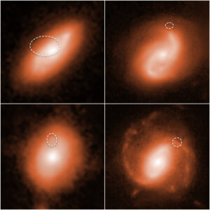 Několik známých hostitelských galaxií FRB. Přesná místa odkud FRB přišly jsou označena kolečkem. 