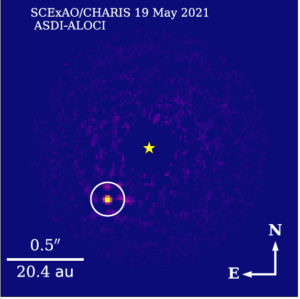 Přímo zobrazená exoplaneta (v kroužku) u hvězdy 29 Cygni. 