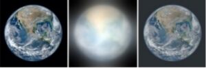 Simulace toho, jak bychom pomocí sluneční gravitační čočky mohli vidět povrch vzdálené exoplanety podobné Zemi. Vlevo původní snímek Země, uprostřed a vpravo simulace podle Turyševa a jeho kolegů. 