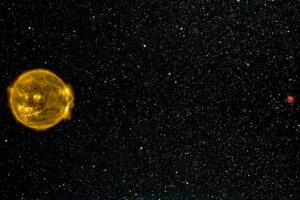 Znázornění systému 51 Pegasi. Vzdálenost mezi planetou a hvězdou, stejně jako poměr jejich velikostí je ve správném měřítku.