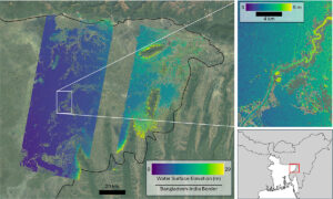 Povodně po monzunových deštích zasáhly 8. října 2023 severovýchod Bangladéše. Americko-francouzská družice SWOT byla první, která dokázala přinést včasná a přesná data o výšce vodní hladiny v celé oblasti a ve vysokém rozlišení.