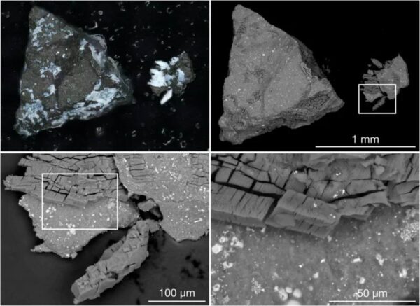 Detailní pohled na vzorky přivezené z Bennu s krystaly rozpuštěných fosfátů