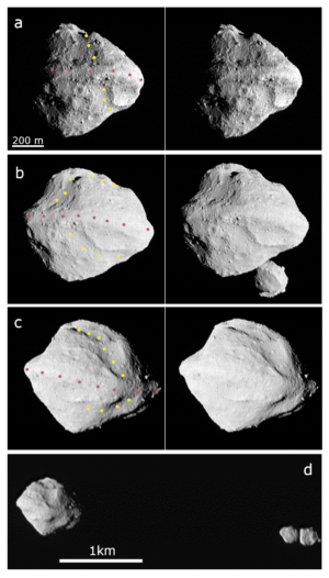 Panely a, b a c ukazují stereografické páry snímků planetky Dinkinesh, které pořídila kamera L'LORRI na sondě Lucy při maximálním přiblížení 1. listopadu 2023. Žluté a červené tečky znázorňují brázdu a hřeben. Snímky byly doostřeny a byl u nich zvýšen kontrast. Panel d ukazuje boční pohled na Dinkinesh a jeho měsíček Selam. Snímek vznikl pár minut po maximálním přiblížení.