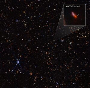 Výřez ukazuje na pozici rekordní galaxie JADES-GS-z14-0. 