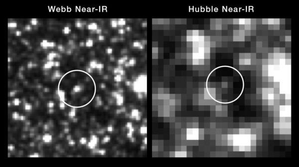 Srovnání snímku proměnné hvězdy cefeidy v NGC 5468 z dalekohledů Hubble (vpravo) a Webb (vlevo). 
