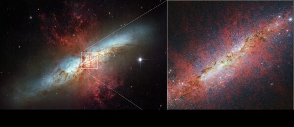 M 82 na snímku Hubbleova dalekohledu (vlevo). Vpravo vidíme fotografii Webba, která ovšem nepokrývá celou galaxii, ale jen výřez znázorněný bílým rámečkem. 