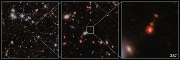 Vlevo celý snímek, uprostřed výřez na okolí srážejících se galaxií, vpravo ještě větší detail přímo na dvě srážející se galaxie. 
