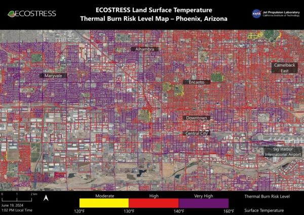 Teplotní mapa povrchů v Phoenixu. 120 °F odpovídá 48,8 °C, 130 °F je 54,4 °C, 140 °F je 60 °C a 160 °F odpovídá 71 °C.