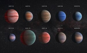 Několik zástupců horkých Jupiterů. Horcí Jupiteři jsou velké plynné planety, které obíhají velmi blízko své hvězdy. 