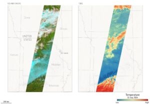 Dva snímky z multispektrálního snímače družice EarthCARE. Vlevo vidíme snímek v reálných barvách, vpravo pak tepelný snímek. Oba snímky vznikly 16. července nad jihovýchodem USA.