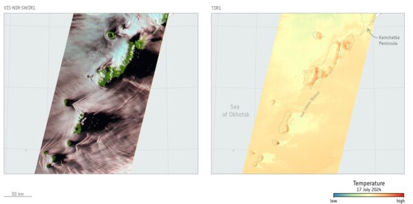 Dva snímky z multispektrálního snímače družice EarthCARE. Vlevo vidíme snímek v reálných barvách, vpravo pak tepelný snímek. Oba snímky vznikly 17. července nad severními Kurilskými ostrovy.