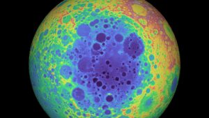Obří impaktní pánev South Pole- Aitken na odvrácené straně Měsíce. 
