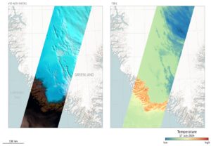 Dva snímky z multispektrálního snímače družice EarthCARE. Vlevo vidíme snímek v reálných barvách, vpravo pak tepelný snímek. Oba snímky vznikly 17. července nad jihozápadním cípem Grónska.