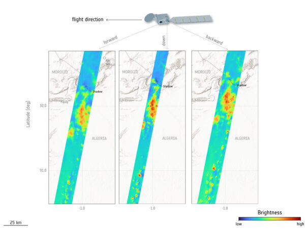 tři úhly pohledu širokopásmového radiometru družice EarthCARE při pohledu na oblačnost nad pohořím Atlas.